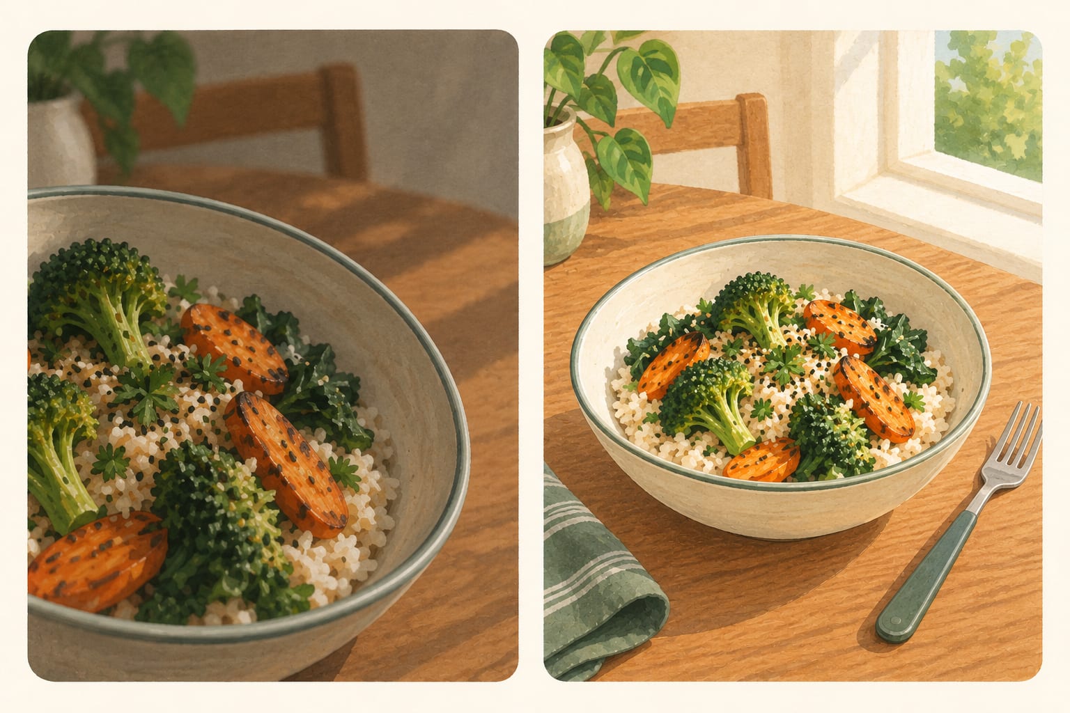 The same plated dish shown twice: once dark, tilted and cropped at the edge of the frame, once complete and evenly lit