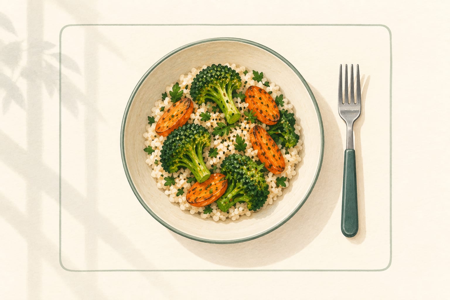 An overhead view of a well-framed food photo: the whole dish centred, daylight from one side, and a fork placed beside the plate for scale