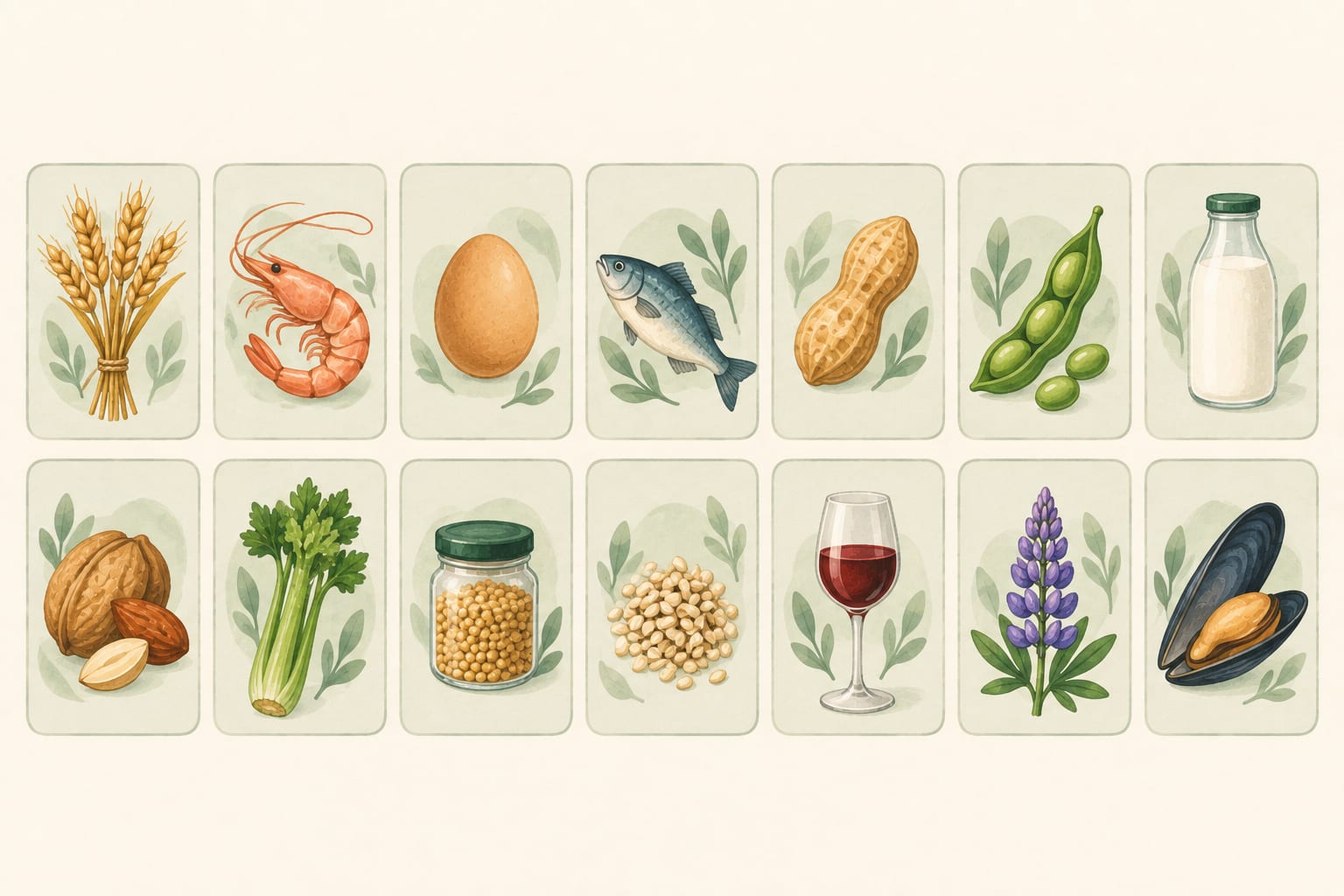 A reference grid grouping the 14 declarable allergens, from cereals containing gluten through to molluscs
