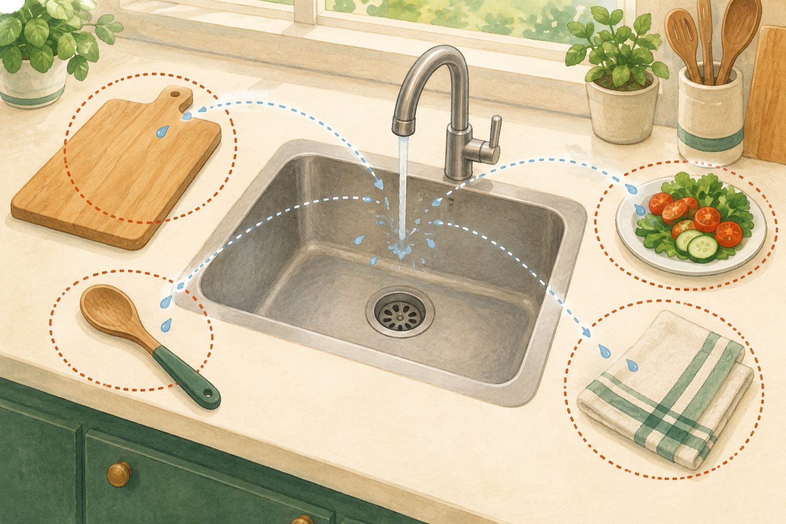 Illustration of water droplets splashing from a tap onto surrounding worktops, utensils and nearby food around a sink