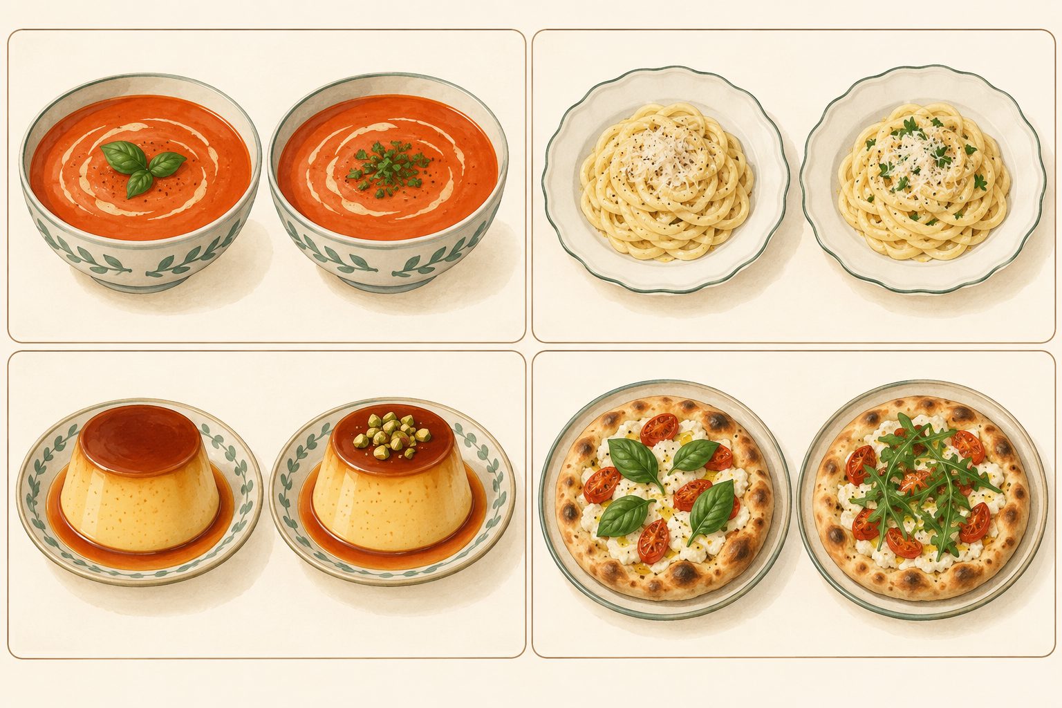 Illustrated grid of similar soup, pasta, custard and flatbread pairs with small garnish or topping differences.